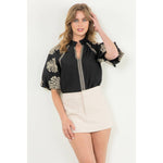 BLACK AND CREAM EMBROIDERED PUFF SLEEVE TOP-THML