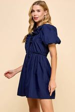 NAVY PUFF SLEEVE BUTTON DOWN DRESS-TCEC