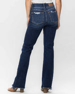 JUDY BLUE HIGH WAISTED VINTAGE FRAYED HEM DARK WASH BOOTCUT JEANS-Judy Blue