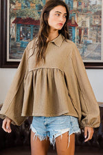 Taupe Collared Split Neck Top-BUCKETLIST