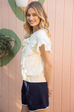 CREAM CONTRAST RIBBON RUFFLE SLEEVE SWEAT TOP-VOY