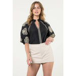 BLACK AND CREAM EMBROIDERED PUFF SLEEVE TOP-THML