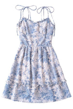 BLUE AND WHITE FLORAL PRINT TIE STRAP MINI DRESS-Sissy Boutique