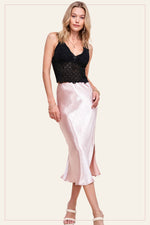 JBP4222-HIGH-WAISTED MIDI LENGTH SATIN EFFECT SKIRT: CHAMPAGNE / S-La Miel