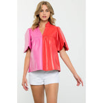 PINK AND RED COLORBLOCK LEATHER TOP-THML