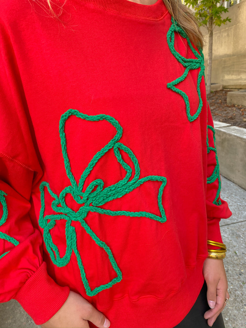 CHRISTMAS GREEN BOW OVERSIZED RED SWEATSHIRT-Sissy Boutique-Sissy Boutique