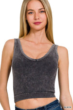 SAND BEIGE WASHED RIB CROP V NECK TANK W/ REMOVABLE BRA-42POPS