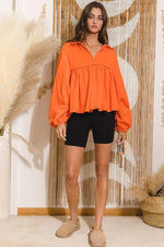 COLLARED SPLIT NECK PLEATING TOP: ORANGE-BUCKETLIST