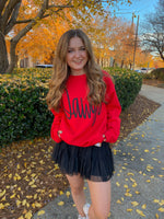 Jumbo Cursive Red “Dawgs” Puff Vinyl on Black Sweatshirt-Sissy Boutique-Sissy Boutique