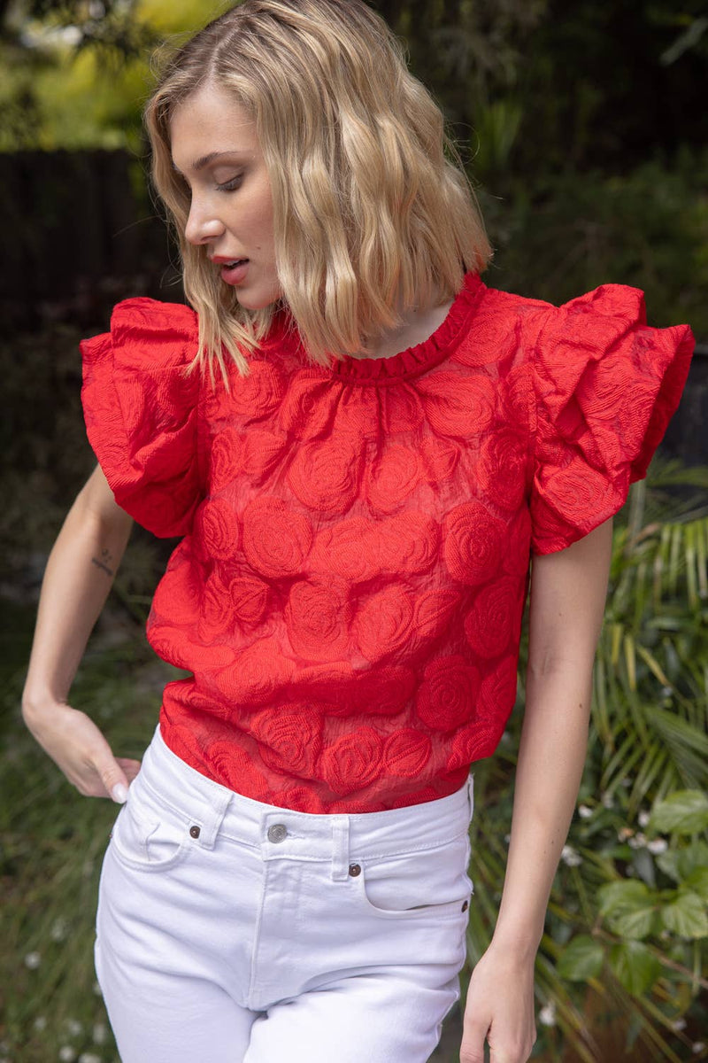 ROSE RED TEXTURED RUFFLE SLEEVE TOP-VOY