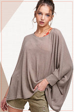 MLT8061-OVERSIZED LIGHTWEIGHT WAFFLE FABRIC KNIT TOP: MOCHA / S-La Miel