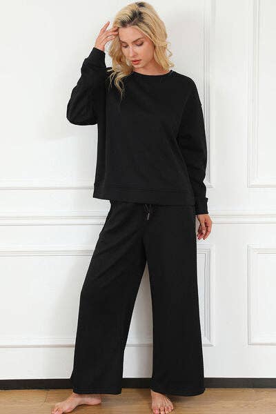 Textured Long Sleeve Top and Drawstring Pants Set-Double Take