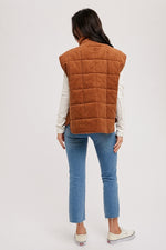 CAMEL CORDUROY QUILTED PUFFER ZIP-UP VEST WITH POCKETS-Sissy Boutique-Sissy Boutique