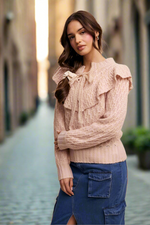 Mute Pink Weaved Knit Tie Front Sweater