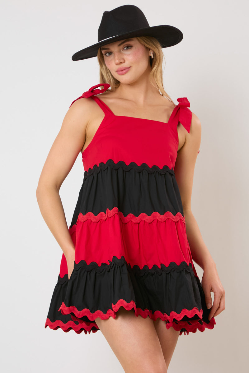 RED AND BLACK RICRAC SHOULDER TIE MINI DRESS-Sissy Boutique