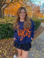 Jumbo Cursive Orange “Tigers” Puff Vinyl on Navy Sweatshirt-Sissy Boutique-Sissy Boutique