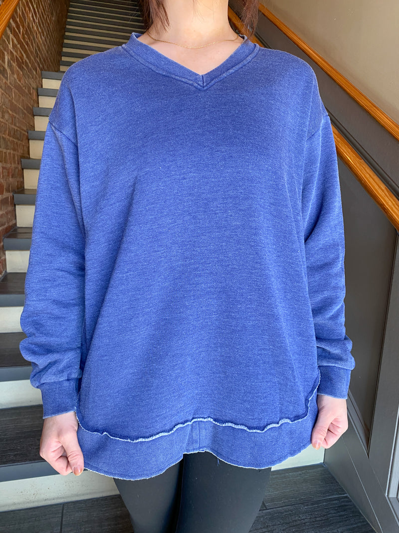 HARPER BLUE V-NECK PULLOVER SWEATSHIRT WITH POCKETS-JadyK-Sissy Boutique