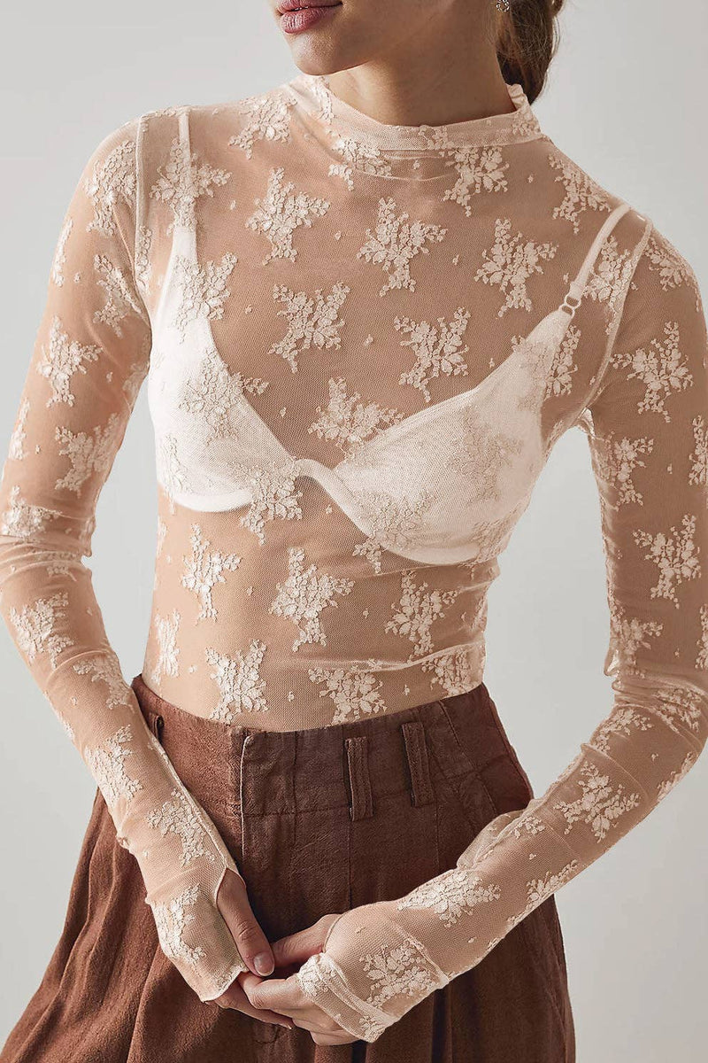 WHITE FLORAL LACE LONG SLEEVE TOP-DE VAVE