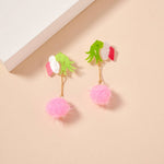 CHRISTMAS GREEN MONSTER HAND & POM-POM DANGLING EARRINGS: PINK-Lilla Haven