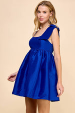 ROYAL BLUE ONE SHOULDER BOW DETAIL MINI PUFF DRESS-TCEC