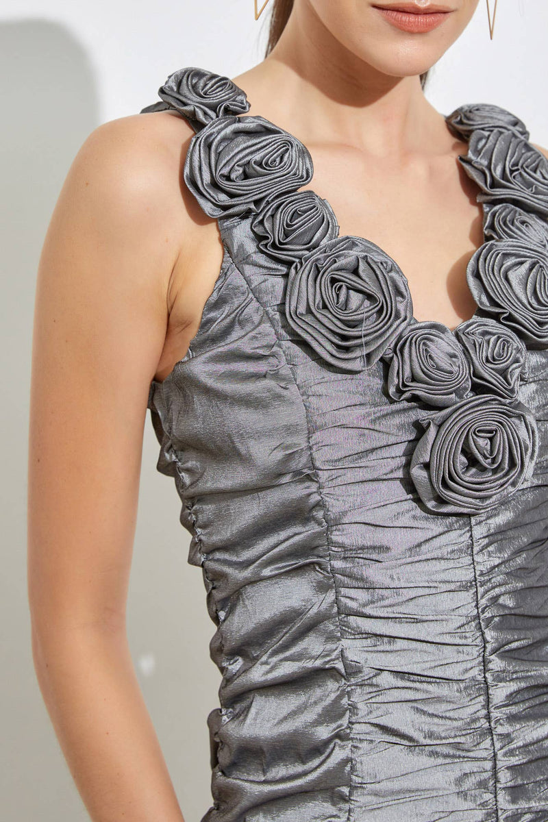 GUNMETAL GREYFLOWER RUCHED DRESS-Mustard Seed