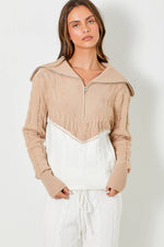 TAUPE/IVORY FRONT  ZIP CABLE KNIT SWEATER-Baevely by Wellmade USA