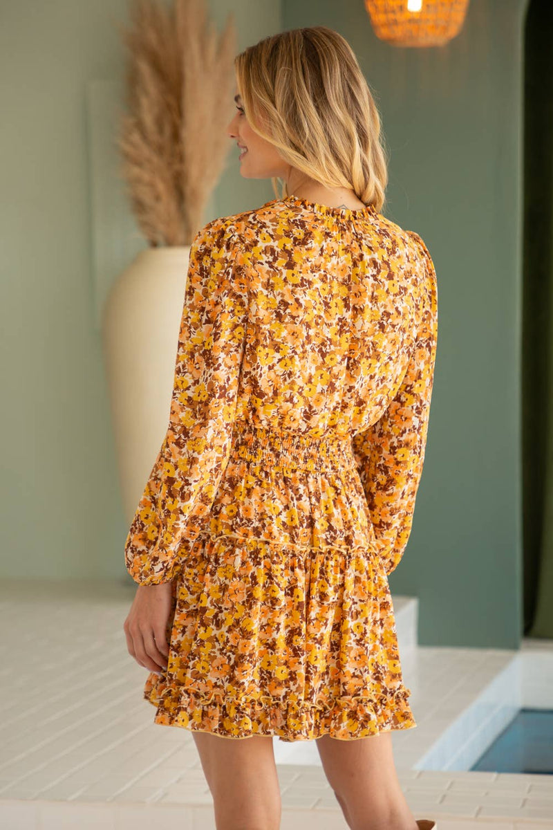 MUSTARD SMOCKED WAIST RUFFLE SKIRT FLORAL DRESS-VOY