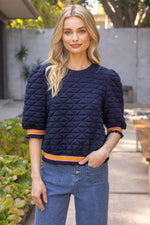 NAVY AND ORANGE GAME DAY AUBURN QUILTED STRIPED BAND KNIT TOP-VOY