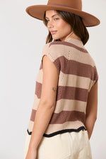 BROWN AND TAUPE VISCOSE STRIPE CONTRAST SCALLOP HEM LINE SWEATER VEST-Peach Love California