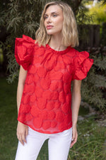 ROSE RED TEXTURED RUFFLE SLEEVE TOP-VOY