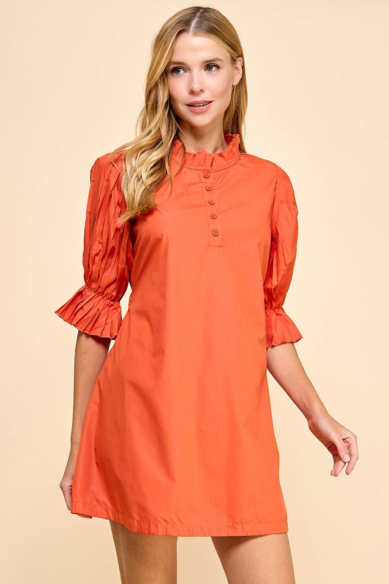 ORANGE PLEATED DETAIL WAIST TIE SHIFT MINI DRESS-TCEC