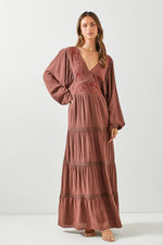 BROWN EMBROIDERED V-NECK MAXI DRESS-Baevely by Wellmade USA