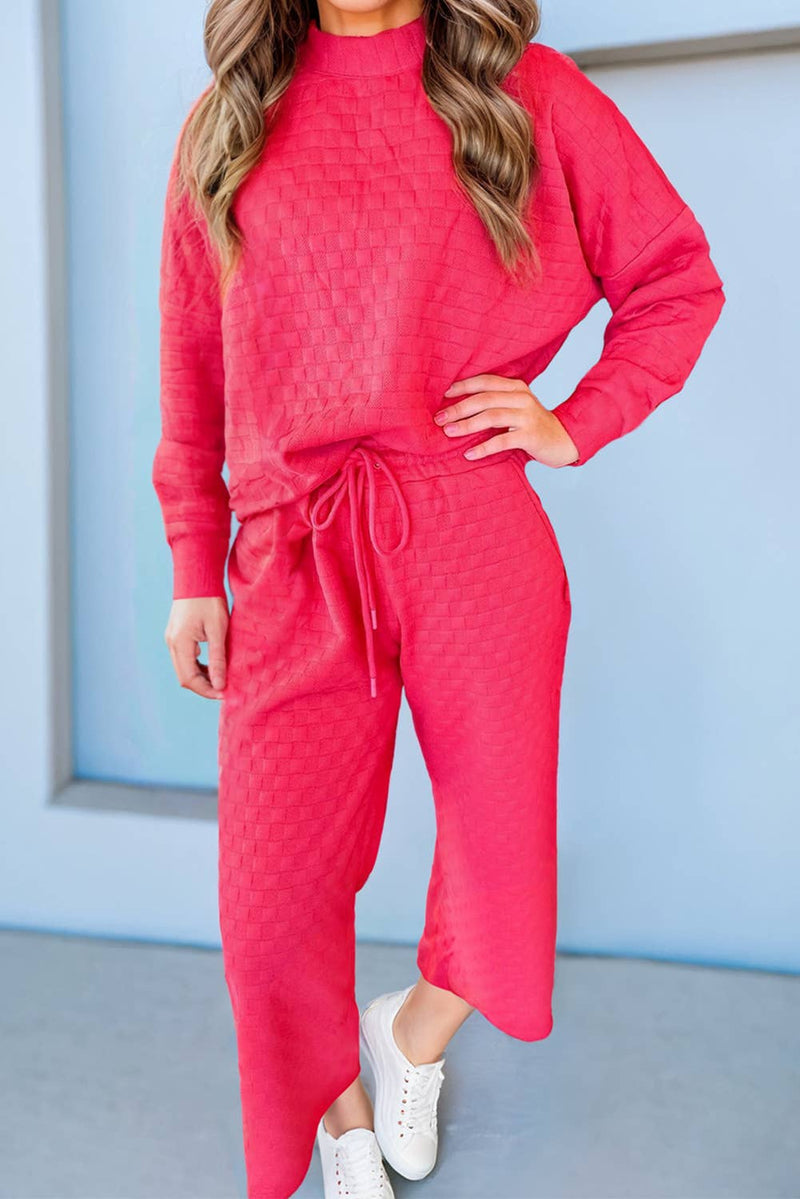 HOT PINK CHECKERED TEXTURED PULLOVER TOP AND PANTS SET-Aapparella