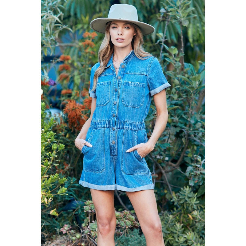 ELASTIC WAIST BAND DENIM ROMPER: MED WASH / S-Veveret