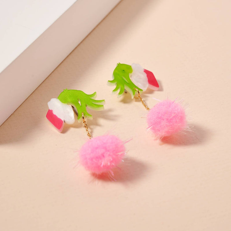 CHRISTMAS GREEN MONSTER HAND & POM-POM DANGLING EARRINGS: PINK-Lilla Haven