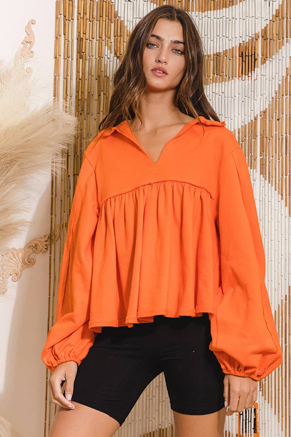 COLLARED SPLIT NECK PLEATING TOP: ORANGE-BUCKETLIST