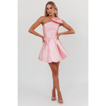 ONE SHOULDER BOW TIE MINI DRESS: BLUSH / XS-Saints & Secrets