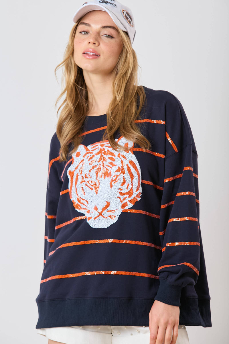 NAVY AUBURN TIGER HEAD SEQUINED STRIPED PULLOVER-Fantastic Fawn