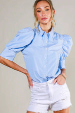 BLUE COLLARED NECKLINE PUFF SLEEVE STRIP PRINT BLOUSE TOP-Vine & Love