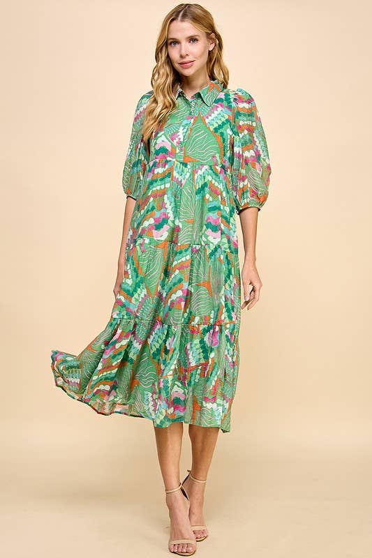 GREEN MULTICOLOR ABSTRACT PRINTED TIERED MIDI DRESS-TCEC