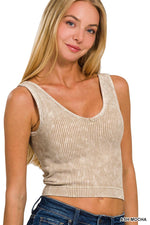 PLUM WASHED RIB CROP V NECK TANK W/ REMOVABLE BRA-42POPS