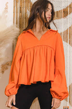 COLLARED SPLIT NECK PLEATING TOP: ORANGE-BUCKETLIST