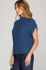 DUSTY BLUE DROP SHOULDER SLEEVELESS MOCK NECK KNIT SWEATER-Peace Love Line