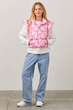 PINK RIBBON BOW PRINTED PUFFER JACKET WITH RUFFLE-Main Strip