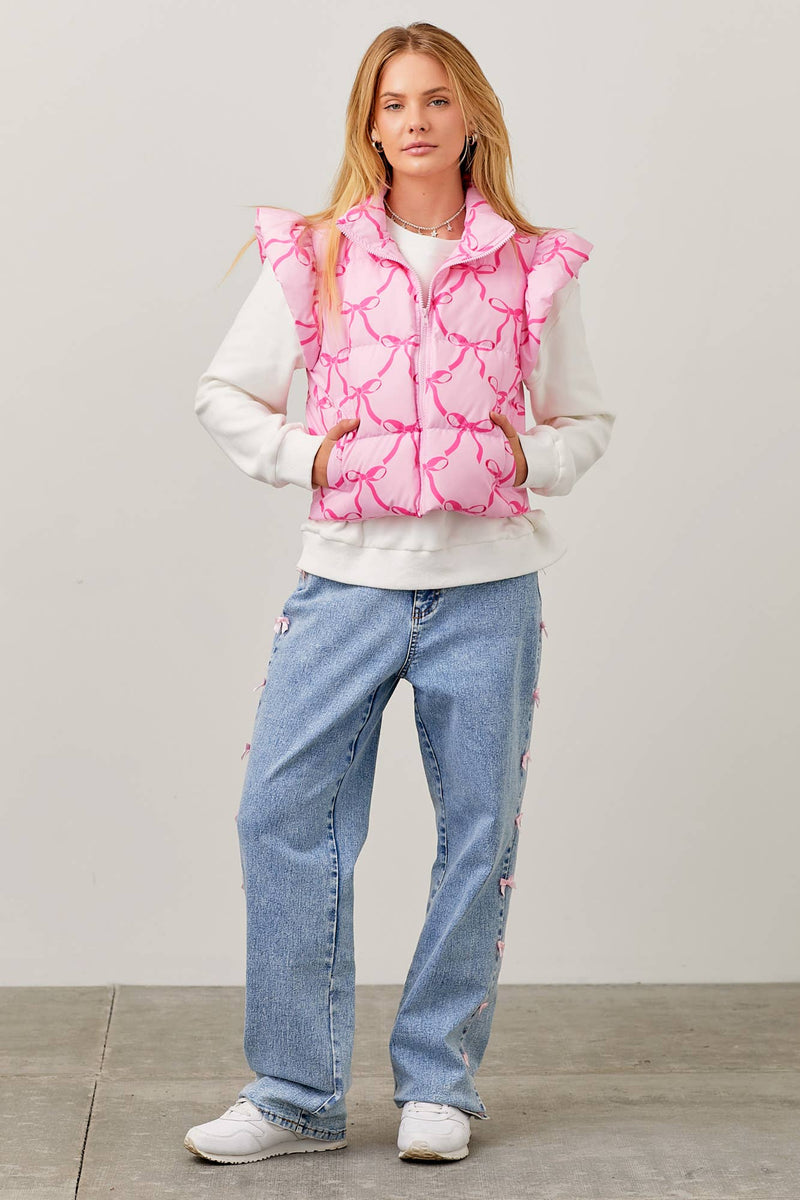 PINK RIBBON BOW PRINTED PUFFER JACKET WITH RUFFLE-Main Strip