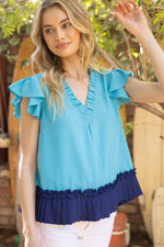 PLEATED CONTRAST BLUE HEM RUFFLE V NECK TOP-VOY