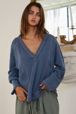 Dusty Blue V-neck Patched Pockets Oversized Solid Ribbed Top-BUCKETLIST