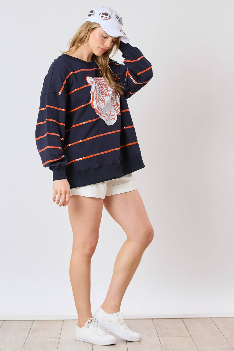 NAVY AUBURN TIGER HEAD SEQUINED STRIPED PULLOVER-Fantastic Fawn