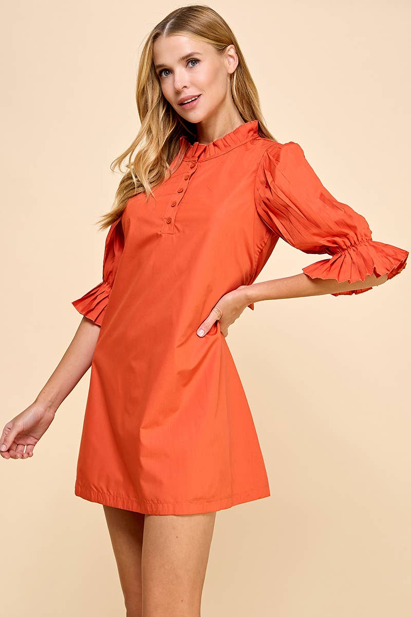 ORANGE PLEATED DETAIL WAIST TIE SHIFT MINI DRESS-TCEC