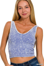 SAND BEIGE WASHED RIB CROP V NECK TANK W/ REMOVABLE BRA-42POPS